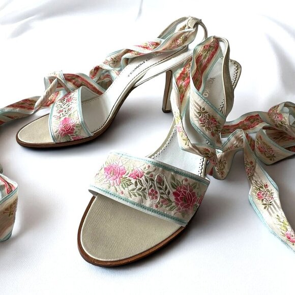 French Ribbon Satin Bridal Heels, Size 37EU, Blue, Pink - Picture 1 of 11